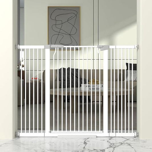 41" Extra Tall Cat Gate for Doorway, 49.2-54.7 Metal Pet Baby Safe Gate, Extra Wide Pressure Mounted Child Door with Expansion Kit, No Drilling No Climb Cat Fence Indoor, Tall Dog Gate, White