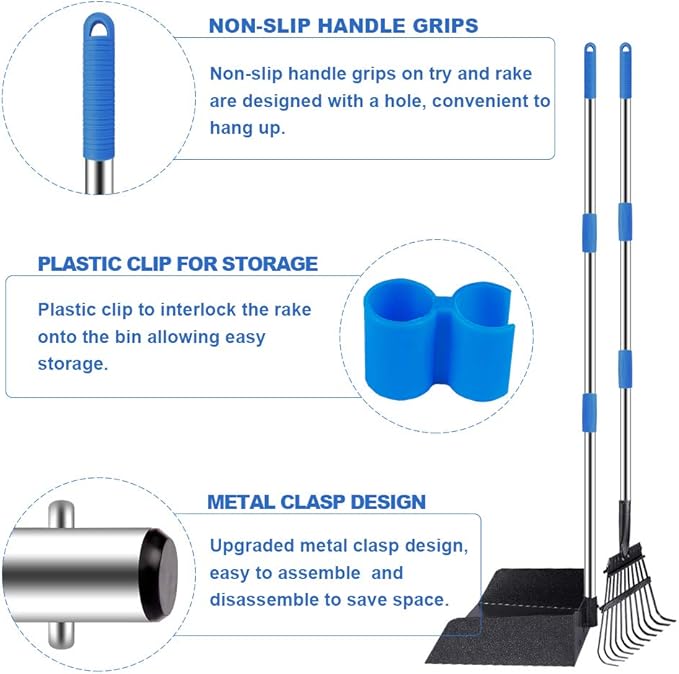 QiMH Upgraded Dog Pooper Scooper Extra Large, Adjustable Long Handle Stainless Metal Pet Poop Tray and Rake Set for Large Medium Small Dogs, Dog Waste Removal Bin Rake, Great for Grass, Street, Gravel