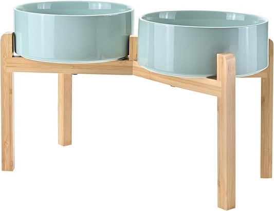 SPUNKYJUNKY Elevated Dog Bowls Ceramic, 8.3'' Dogs Food Water Bowls Raised with Non-Slip Bamboo Stand for Large Sized Breed Microwave Dishwasher Safe - 60 OZ,Light Green