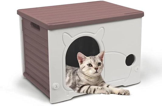 Plastic Outdoor Cat House Waterproof Feral Cat Shelter(Coffee)