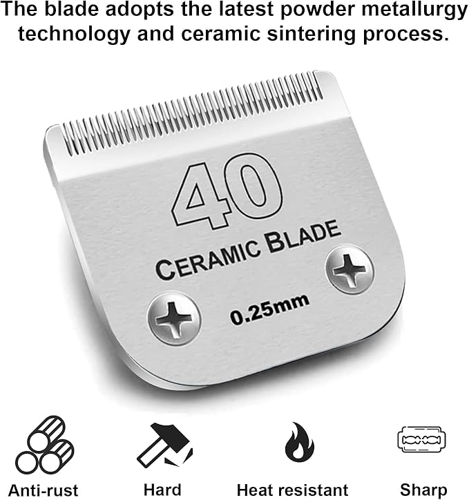 Audoc 3Pcs 40 Blade Dog Grooming Clipper Replacement Blades Compatible with Wahl/Oster Dog Clippers,Detachable Ceramic Blade & Stainless Steel Blade,Size 40 Cut Length 1/100"(0.25mm)