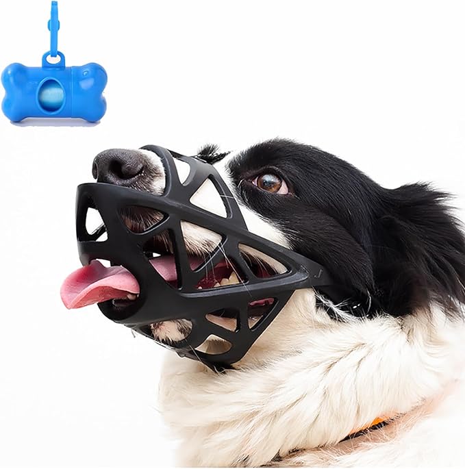 Dog Muzzle, Breathable Basket and Soft Cage Black Dog Mouth Cover,Anti-Biting, Barking and Chewing for Small Medium Large Dogs, 1 Pack Poop Bags for Dogs (L)