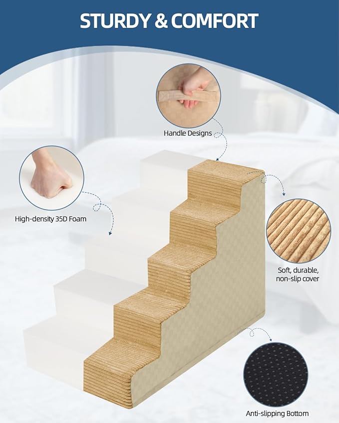 Dog Stairs for Small Dogs,13" H,3-Step Dog Steps for Bed and Couch with High Density Foam,Non-Slip Pet Steps for Doggy and Cat,Pet Stairs with a Washable Cover,Khaki