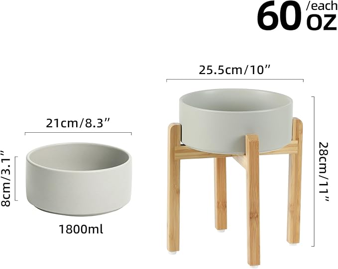 Ceramic 8.2inch Raised Dog Bowl Set, Elevated Feeder with Stand, Food and Water Bowl for Large Breed Dogs, Weighted Pet Dish(60oz, Grey)