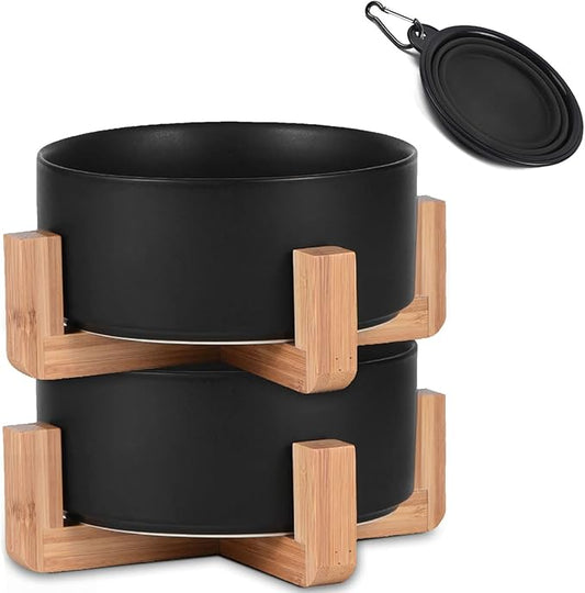 Petygooing Ceramic Black Cat Dog Bowl Set with Stand,Small Dog Bowls, Pet Food and Water Dish, Anti Slip Set of 2 Cat Bowl-Pet Food Dishes- Pet Bowls Small Size Pet (13.5OZ/5.1 in)