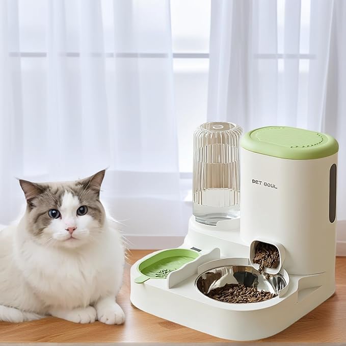 Automatic Cat Feeder & Water Dispenser - Dual Container for Dry/Wet Food, Two-in-One Upgraded Gravity Feeder and Water Dispenser Combo Set for Cats and Dogs.(Green)