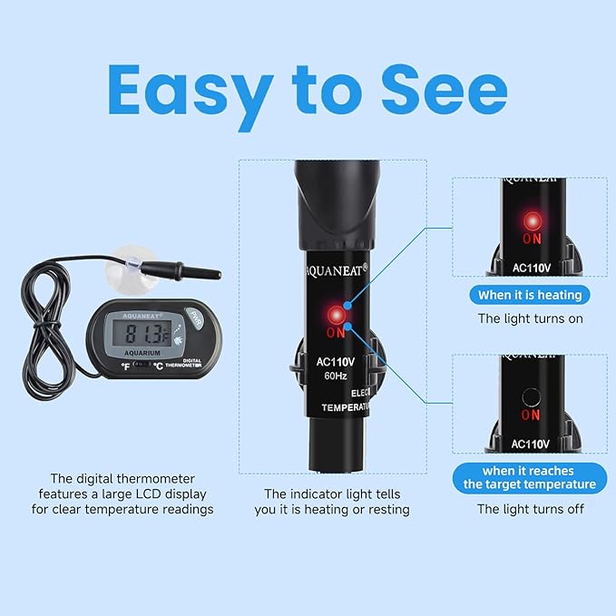 AQUANEAT Aquarium Heater, 200W Fish Tank Heater, Adjustable Submersible Water Thermostat with Digital Thermometer