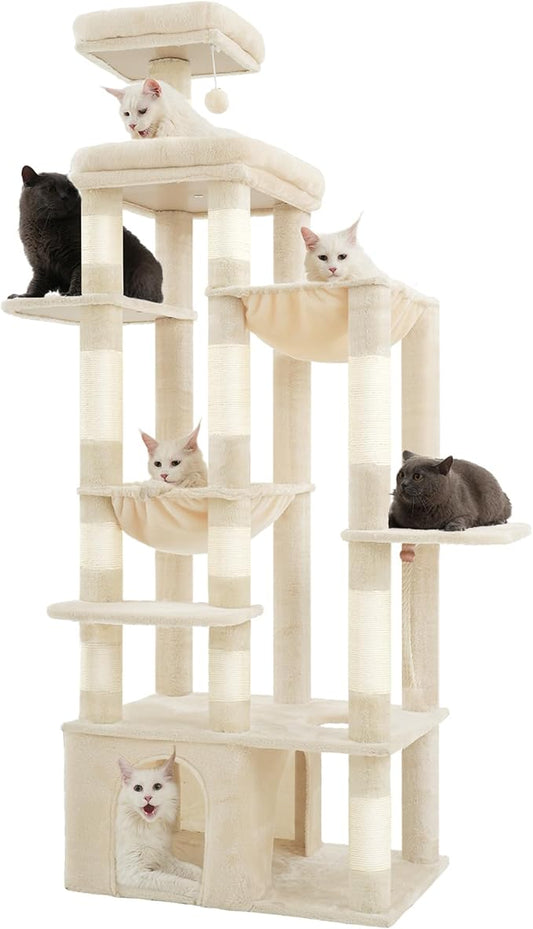 Heybly Heavy Duty Cat Tree, 71-Inch Tall Tower for Large Maine Coon with Extra-Large Baseboard, Cat Condo Furniture with Multi-Level Platforms, 2 Hammocks and 12 Scratching Posts, Beige HCT037M