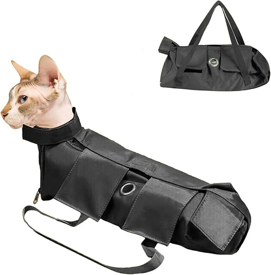 HDKUW Cat Grooming Bag,Foldable Travel Carrier for Cats,Anti-Bite Anti-Scratch Cat Grooming Restraint Bag,Pet Carrier for Administering Eye Drops,Ear Cleaner,Clipping Nails (Black, S)