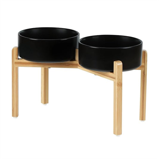 Ceramic Raised Double Bowls Set with Stand, Food & Water Bowls for Large Breed Dogs, Weighted Dog Dishes, Pet Bowl(8.2'',60OZ, Black)
