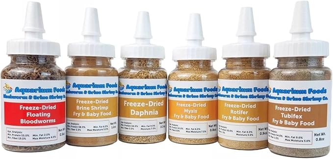 Aquatic Foods Inc. 6-Pack of Bloodworms, Brine Shrimp, Daphnia, Mysis Shrimp, Rotifers, Tubifex Powder & Bits for Freshwater Fish, Marines, Corals, Anemones, Baby Pond Fish…6 x SM Squeeze Bottles