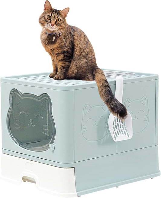 Top Entry Cat Litter Box with Lid, Anti-Splash Foldable Cat Litter Box with Activated Carbon Keeping Air Fresh, Drawer Type Easy to Clean (Green)