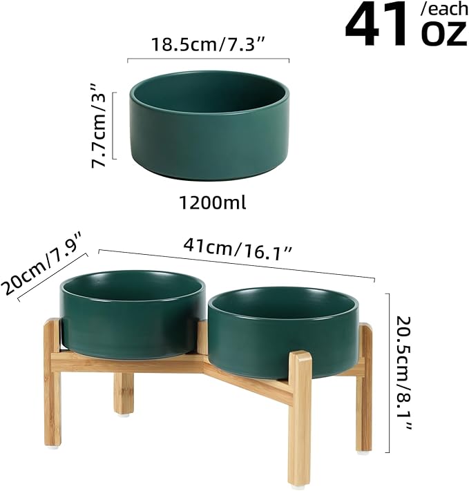 Ceramic Raised Double Bowls Set with Stand, Food & Water Bowls for Medium Breed Dogs, Weighted Dog Dishes, Pet Bowl(7.3'',41OZ, Green)