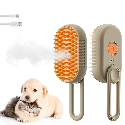 Cat Steam Brush for Shedding, 4 in 1 Cat Steam Brush for Massaging and Cleaning Shedding Pets, Anti Static Pet Hair Cleaning Comb, for Long and Short Hair Cats and Dogs Grooming Tool (Brown)