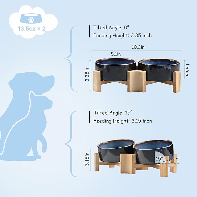 SPUNKYJUNKY 15° Slanted Ceramic Dog and Cat Bowl with Wooden Stand, Tilted Bulldog Food and Water Bowl No Slip Non-Spill for Cats Medium Dogs Big Face Pets 13.5 OZ (1.7 Cups, Starry Blue × 2)