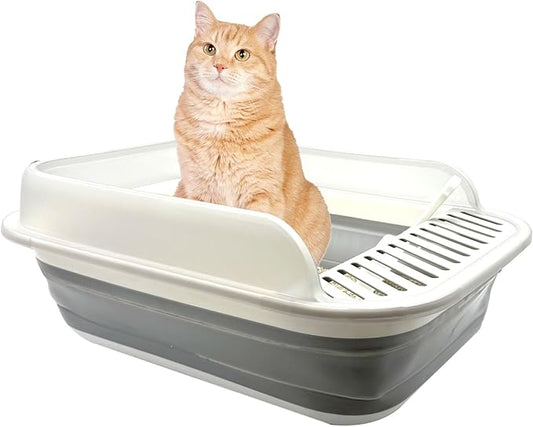 Open Cat Litter Box with High Side, 20.67 X 15.16 inch Anti-Splashing Kitty Litter Pan Collapsible Travel Litter Potty Pan Scoop Leak-Proof Pedal Cat Toilet No Smell Easy Clean (L Gray High Side)