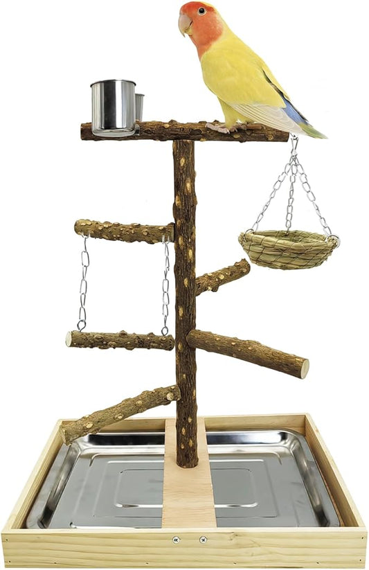 Tfwadmx Bird Perch Natural Wood Stand Toy Parrot Play Stand Platform and Hanging Bird Nests Bird Cage with Removable Tray and 2 Stainless Steel Cups for Parakeets Canaries Cockatiels Conure Lovebirds