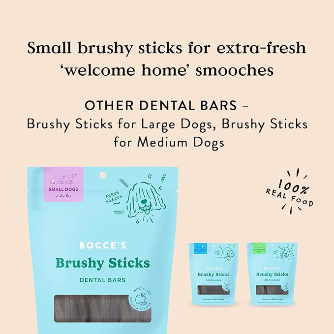 Bocce’s Bakery Dailies Brushy Sticks to Support Oral Health & Fresh Breath, Wheat-Free Dental Bars for Dogs, Made with Real Ingredients, Baked in the USA, All-Natural Coconut & Mint Recipe, Small Dogs