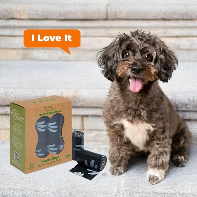 Best Pet Supplies Poop Bags for Dogs, 50% Post-Consumer Recycled Content dog waste bags on rolls, fits all poop bag holders for leashes - Black, 300 Count, Unscented