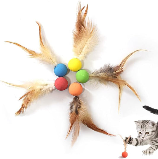 Cat Toy Balls, 5 PCS Colorful Feather Bouncy Balls for Cats No Noise Interactive Kitten Toys Cat Exercise Ball, Safe for Your Kitty (A)