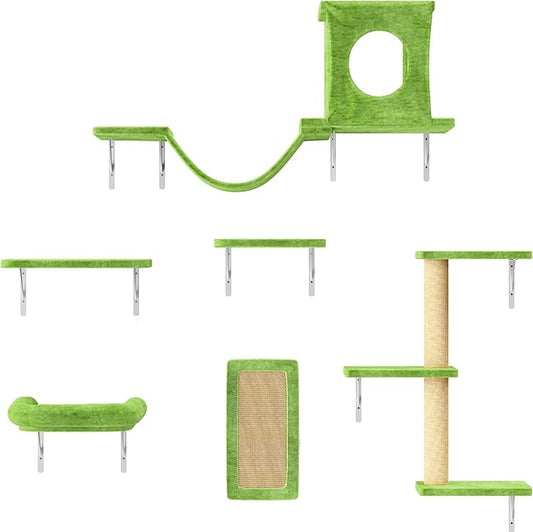 NUNU LAB Cat Wall Shelves, 6 Pcs Luxury Wall-Mounted Cat Climber Set, Indoor Cat Furniture with 1 Condos House, 2 Cat Wall Shelves, 1 Scratching, 1 Bridge Ladder, 1 Scratching Pad, Green