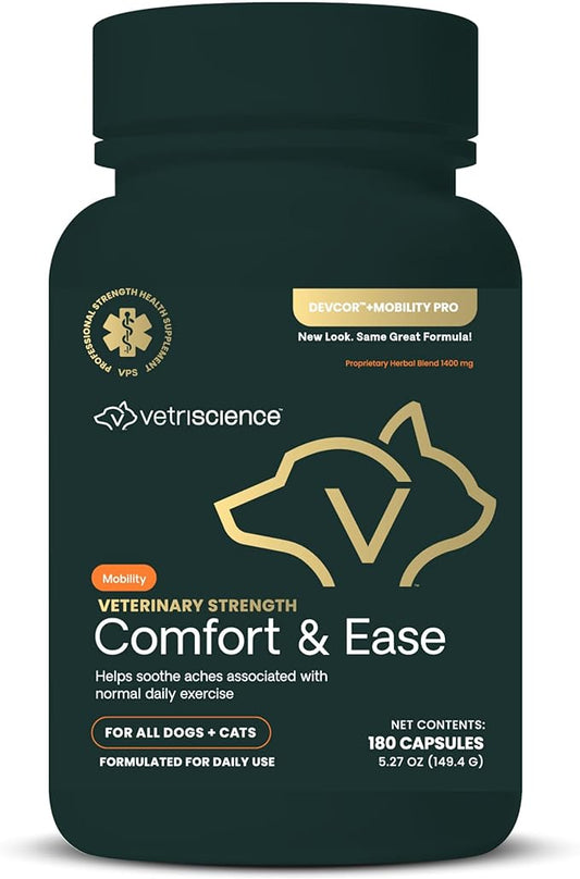 VETRISCIENCE Veterinary Strength Comfort & Ease Capsules - Mobility Supplement for Pets - Supports Aches from Normal Exercise - Joint Care for Dogs & Cats - 180 Count
