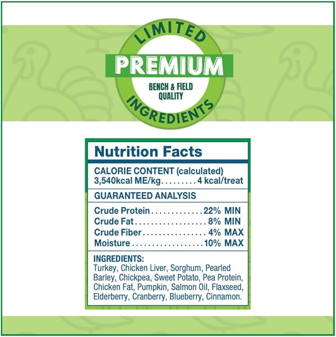 Bench & Field Holistic Natural Turkey & Triple Berry Dog Treats | Crunchy Bone-Shaped Bites | Antioxidant Blend, 10-Ounce Bottle