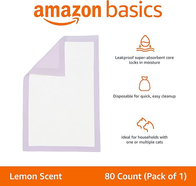 Amazon Basics Cat Pee Pads, 80 Count, Universal Fit for Litter Box, Odor Control with Lemon Scent, White/Purple