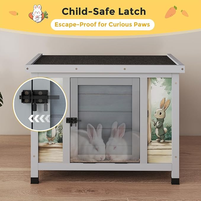 COZIWOW 24in Wooden Cat House Outdoor & Indoor Pet Shelter with Foldable Ramp - Weatherproof Rabbit Hutch with Unique Machine-Printed Art Designs for Cat, Rabbit, Guinea Pig (Grey)