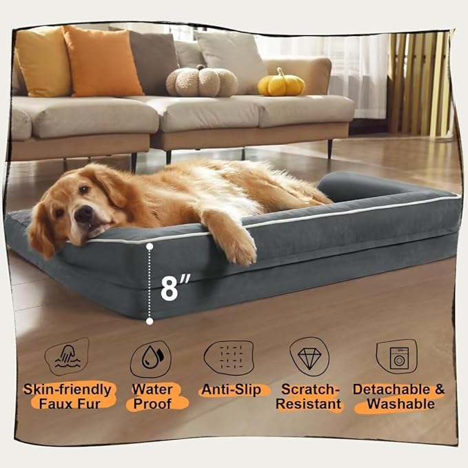 Large Dog Bed Orthopedic Washable - Memory Foam - XXL Large Big Dogs - Beds Bolster Pet - Couch Sofa - Waterproof with Removable Cover - Dark Grey Dog Bed
