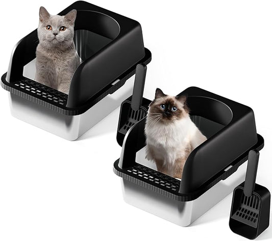 Stainless Steel Cat Litter Box with Lid, 20" L x 14.2" W x11.8 H, Large Cat Litter Box for Multiple Cats with High Sided, No-Leak & Stick, Easy to Clean, Includes Litter Mat & Multi Functional Scoop