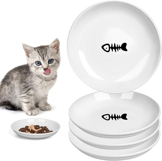 TRUVIC 4 Pack Ceramic Cat Food Bowls, 5.9 Inch Ceramic Cat Dishes Set for Indoor Cats and Small Dogs, Anti Whisker Fatigue Kitten Bowls, Wide Shallow Kitten Plates for Food and Water (Fishbone)
