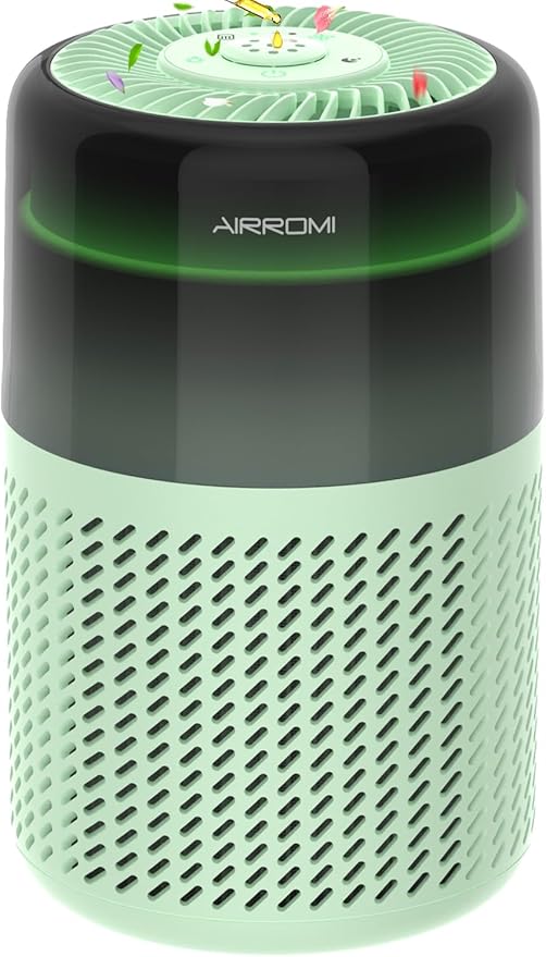 AIRROMI Air Purifier for Bedroom Home,HEPA Filter,Covers Upto 549 Ft²,Quiet 360°intake Air Cleaner with Fragrance ponge for Better Sleep,Night Light,Filters Smoke,Pet Dander,Allergies,Dust,A2005 Green