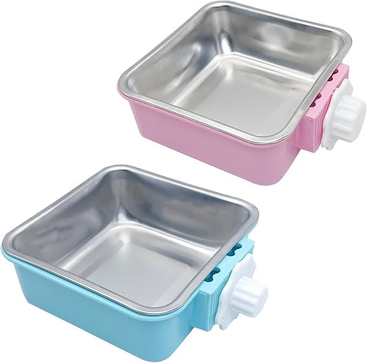 kathson Crate Dog Bowl, Removable Stainless Steel Hanging Pet Kennel Cage Bowl Food & Water Feeder Coop Cup for Puppy, Cat, Rabbit,Guinea Pigs 2pcs Large Square(Blue,Pink)
