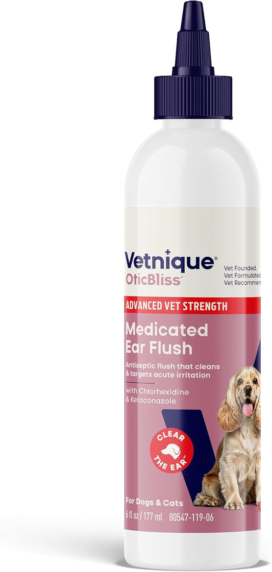 Vetnique Oticbliss Advanced Strength Medicated Dog Ear Infection Treatment, Antiseptic Ear Cleaner for Cat & Dog Ear Cleaning Solution Chlorhexidine & Ketoconazole (6oz Flush)