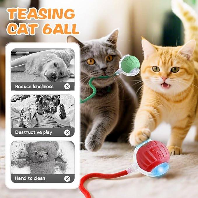 2026 New Interactive Pet Toy Ball, Smart Interactive Toy Ball for Cats & Dogs, Electric Rolling Pet Toy Ball, Rechargeable Interactive Cat Toys for Bored Indoor Cats Kittens to Keep Busy (Red)