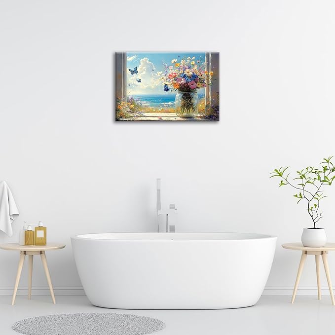 Beach Floral Bathroom Pictures Wall Art, Colorful Flower Bathroom Wall Decor, Coastal Ocean Framed Painting Canvas Artwork for Bedroom Living Room Decorations 24"L x 16"W