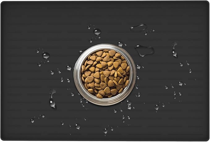 24" x 16" Dog Food Mat, Silicone Pet Mats for Food and Water, Nonslip Pet Feeding Mats for Floors, Dog Cat Bowl Mat with Raised Edges, Black