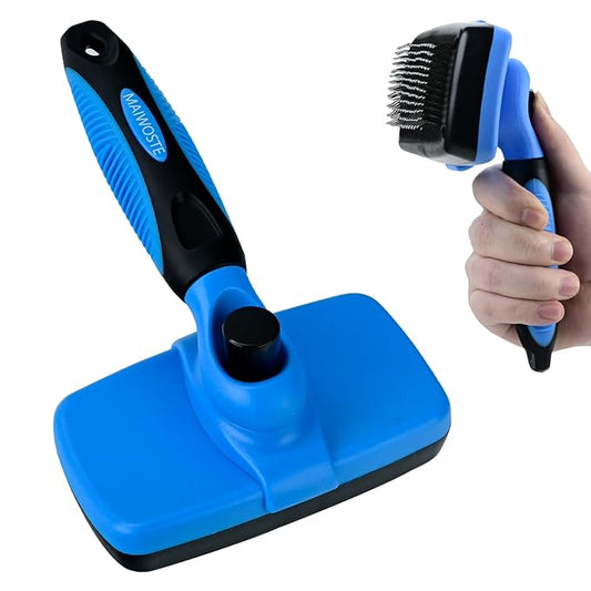 Large Self Cleaning Deshedding Brush for Dogs & Cats - One Button Hair Release Grooming Tool, Gentle Massage Brush for Long and Short Hair (Blue)