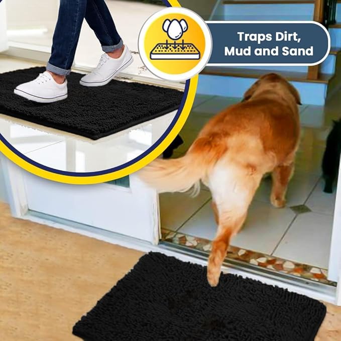 Muddy Mat® AS-SEEN-ON-TV Highly Absorbent Microfiber Door Mat and Pet Rug, Non Slip Thick Washable Area and Bath Mat Soft Chenille for Kitchen Bathroom Bedroom Indoor and Outdoor - Black XL 59"X35"