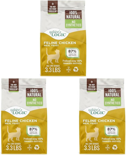 NATURE'S LOGIC Feline Chicken Meal Feast Cat Food - High-Protein Dry Food for Cats, 100% Natural Nutrition with Probiotics & Prebiotics - All Life Stages - Chicken, 3.3lbs (Pack of 3)