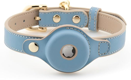Cupertino Dog Collars, Harnesses & Leashes Made from Vegan Leather with Dog Tracker Device Holder Adjustable Dog Collar - Color Blue, Medium