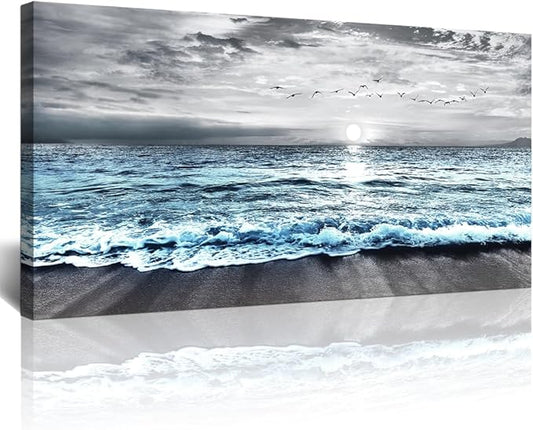 Lapremoly Black And White Beach Wall Painting Canvas Wall Art For Living Room Large Wall Decor For Bedroom Office Wall Decorations Blue Ocean Sea Wave landscape Pictures Artwork Posters Home Decor