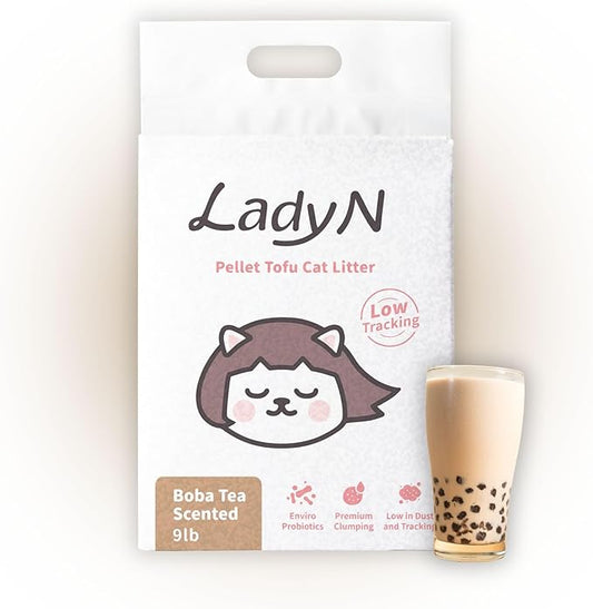 Lady N Pellet Tofu Cat Litter Boba Tea Scent, Strong Clumping, Ultra Absorbent, Dust-Free, Low Tracking, Water-Soluble, Natural Ingredients, Enviro-Probiotic Odor Control 9lb