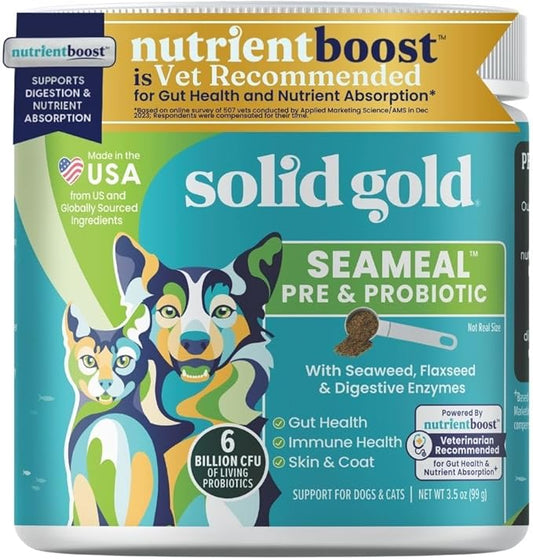 Solid Gold SeaMeal Cat Probiotic & Dog Probiotics for Digestive Health - Kelp Powder Dog & Cat Multivitamin Supplement w/Prebiotics & Digestive Enzymes for Skin, Coat, & Gut + Immune Support - 3.5oz