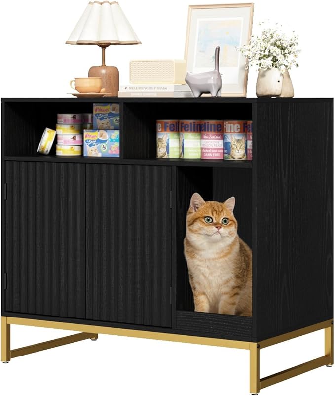 Cat Litter Box Enclosure, Large Hidden Pet Storage Cabinet Furniture with Waveform Fluted Doors & Scratching Pad, Modern Wooden Cat House Indoor for Washroom, Living Room, Bedroom, Black