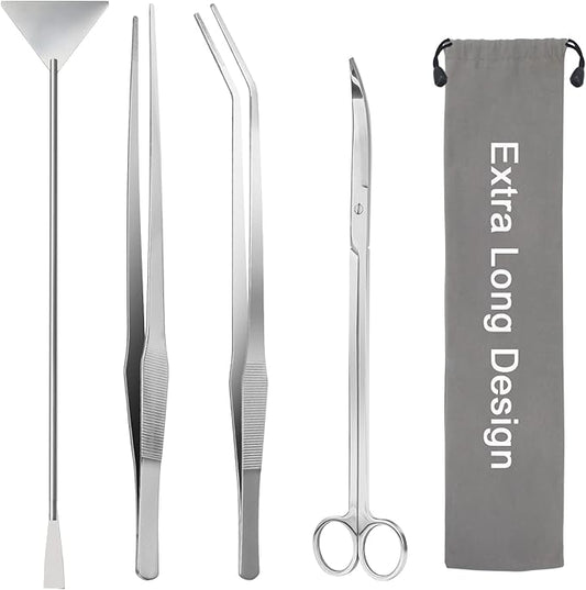 Aquarium Aquascape Tools Kit 15in, 4 in 1 Anti-Rust Aquatic Plant Aquascaping Tool Stainless Steel Tweezers Scissor Spatula for Aquarium Tank Clean Fish Tank Aquascape Accessories Set(Silver)