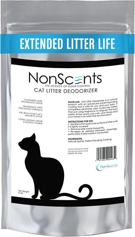 NonScents Cat Litter Deodorizer - Litter Box Odor Eliminator - Less Scooping Extends Kitty Litter Lifespan - Fragrance-Free Formula Eliminates Unpleasant Cat Odors – 8 Pound Bag