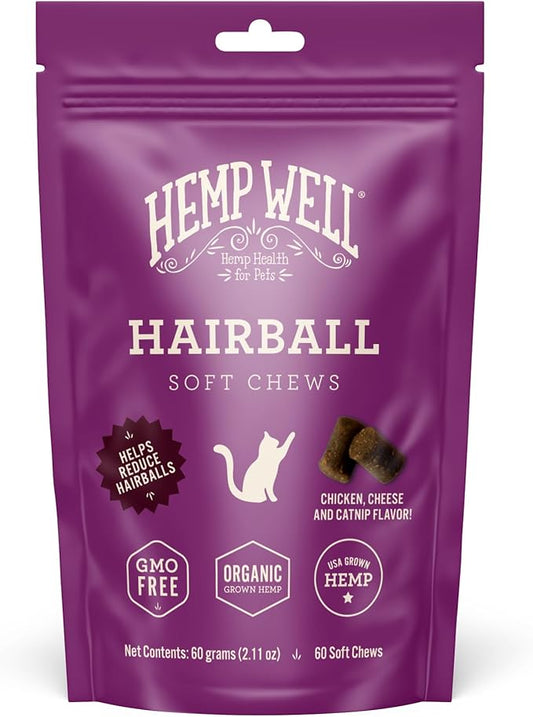 Hemp Well Cat Hairball Soft Chews for Cats, Organic USA Grown, Chicken Cheese & Catnip Flavor!