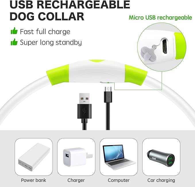 BSEEN Light Up Dog Collar - Rainproof Rechargeable LED Dog Collar - TPU Cuttable Glowing Pet Collar for Small Dogs& Cats - Puppy Safety Dog Lights for Night Walking (XS- Green 40cm)